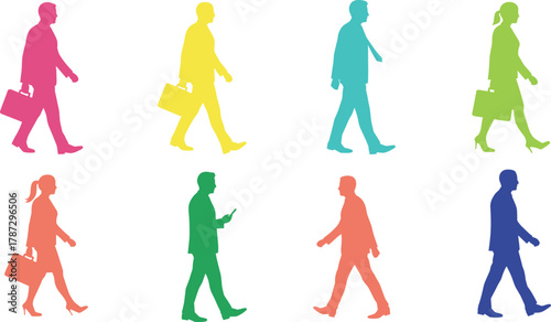 Eight colorful silhouettes of businesspeople walking with briefcases and mobile phone, workforce diversity concept, cad drawing flat vector illustration