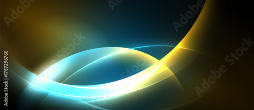 Abstract flowing lines, vibrant colors. Blue, gold, white blend creating dynamic visual effect. Dark background enhances luminosity.
