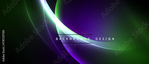 Abstract background features vibrant curves, gradients. Purple, green hues dominate dark space. Text reads background design.