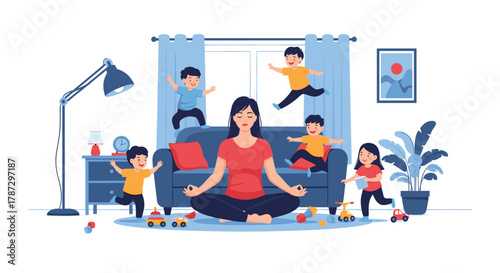Mindful mother finds a moment of peace and meditation in a chaotic living room filled with her energetic and playful young children.