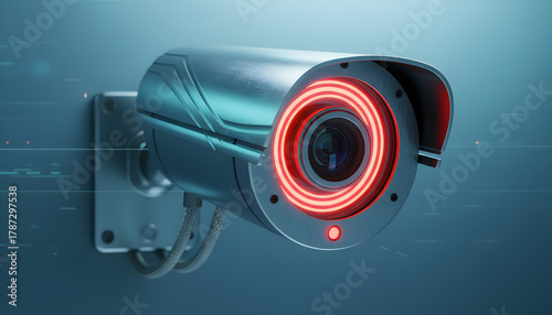 Digital illustration of surveillance camera with neon ring and red indicator on gradient background