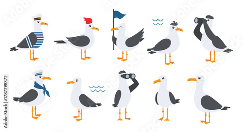 Adorable cartoon seagulls in different poses, dressed in sailor outfits, holding flags, or looking through binoculars.