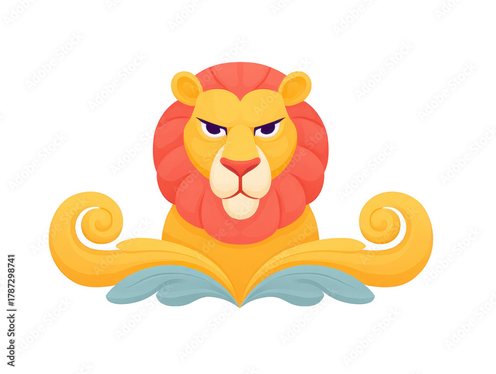 Naklejka premium Regal lion head illustration with golden mane, decorative swirls, and blue accents, symbolizing strength and royalty, perfect for heraldic or ornamental design with bold, majestic expression