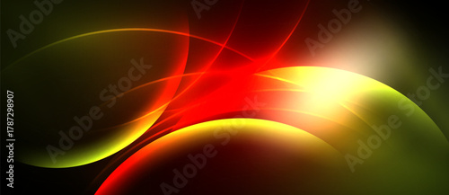 Abstract design features vibrant curves, red hues, yellow glow. Dark background emphasizes flowing lines, creating dynamic visual impact.