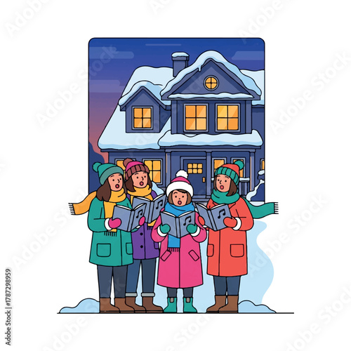 Vibrant vector illustration of Christmas carolers singing holiday songs outside a snowy house at dusk while dressed warmly in traditional winter clothing.