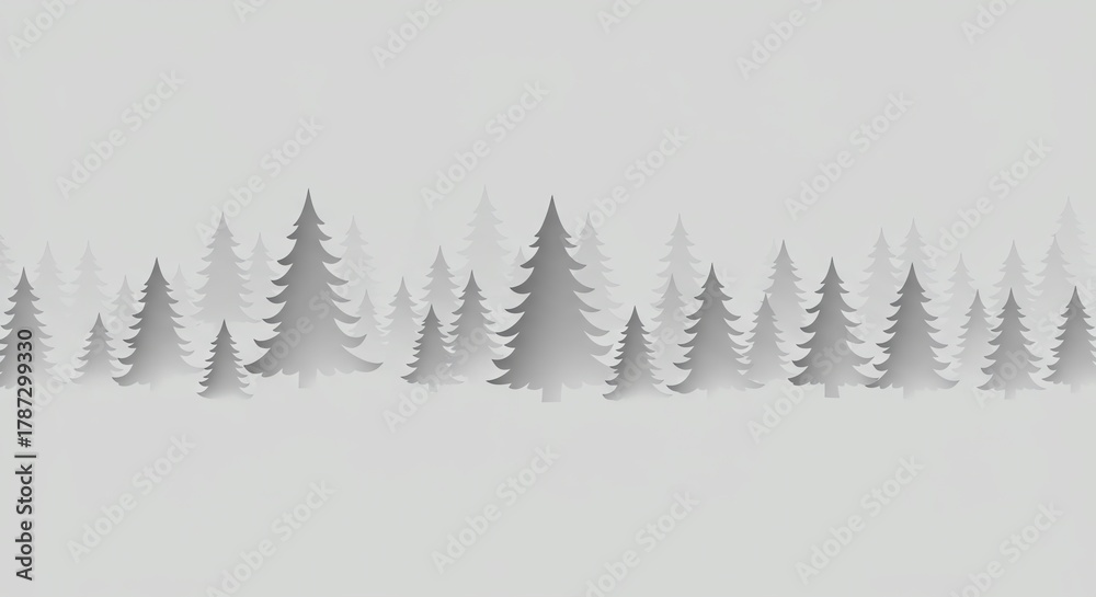 Obraz premium Minimalist grey forest illustration with stylized evergreen trees in a foggy landscape.