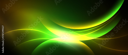 Abstract vibrant waves, glowing lines, green yellow hues. Smooth curves create dynamic energy, dark background contrasts light.
