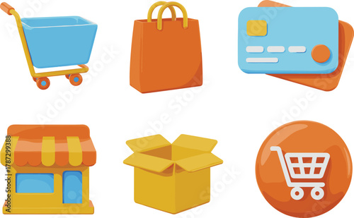 3D e-commerce and online shopping icon set including cart, credit card, store, package box, bag, digital retail symbol