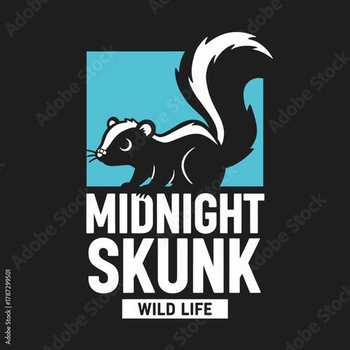 A stylized illustration of a skunk with the words "MIDNIGHT SKUNK WILD LIFE" below it, set against a dark background.