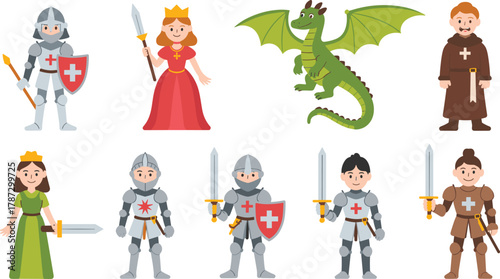 Cartoon medieval character set with knights, princesses, monk, and dragon illustration in flat style for fantasy and history design