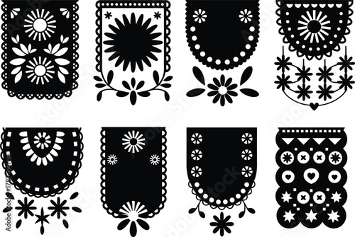 Black and white papel picado banner set with traditional mexican floral heart and geometric designs, dia de muertos decoration art