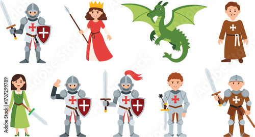 Cartoon medieval character set with knights, princesses, monk, and dragon illustration in flat style for fantasy and history design