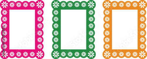 Colorful floral decorative frame set with pink green and orange borders, festive mexican style vector design, papel picado inspired artwork