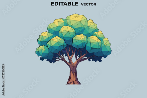 Stylized green and yellow tree with thick trunk and full canopy