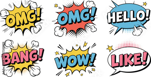 comic book speech bubble set, pop art explosion text, wow bang omg hello like design, colorful retro cartoon illustration