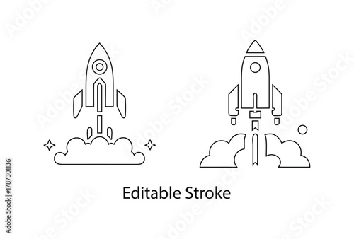 space rocket taking off editable stroke vector icon set, rocket line art icon symbol vector illustration