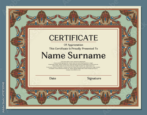 Certificate of Award or Diploma with Vintage Ancient Egyptian Style Decorative Border Design