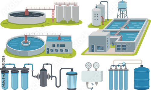 Detailed flat illustration of modern water treatment plant with filtration tanks, pipes, purification equipment, and industrial facility for clean water