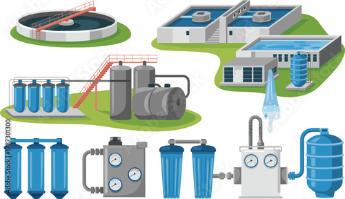 Detailed flat illustration of modern water treatment plant with filtration tanks, pipes, purification equipment, and industrial facility for clean water