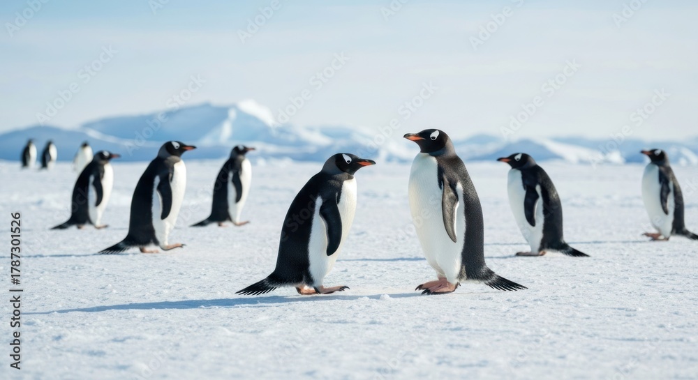 Obraz premium Gentoo penguins walking on snow-covered Antarctic landscape