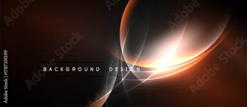 Abstract design features flowing curves, warm colors, bright light. Dark background enhances dynamic shapes, creating modern visual impact.