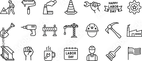 Collection of line art icons representing labor and industry, including tools, construction elements, and holiday symbols for labor day