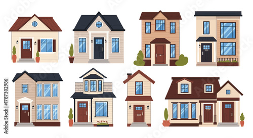 A collection of diverse residential houses with various architectural styles, colors, and designs, presented in a flat vector illustration.