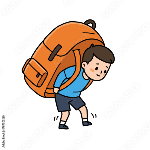 Young cartoon boy struggling to carry a heavy oversized orange backpack on his back.
