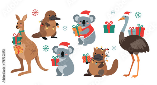 Cute Australian animals, including kangaroos, koalas, platypuses, and an emu, celebrate Christmas with festive gifts and snowflakes.