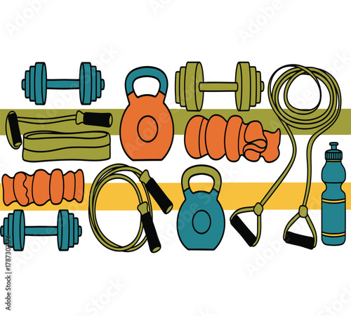 Illustration of a colorful array of fitness equipment, including dumbbells, kettlebells, jump ropes, and resistance bands, arranged on a white background