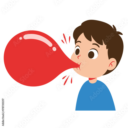 Young boy with brown hair blowing a large red balloon with effort.