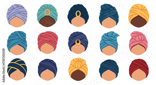 A collection of various turbans in different colors and styles, showcasing diverse headwrap fashion and cultural headwear.