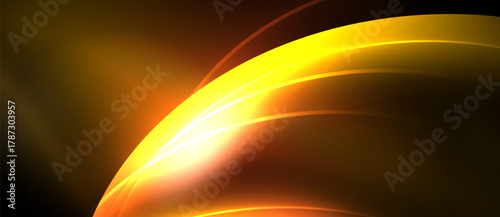 Abstract golden lines create luminous arc. Dark background emphasizes bright energy, smooth gradients, dynamic flow. Warm tones dominate composition.