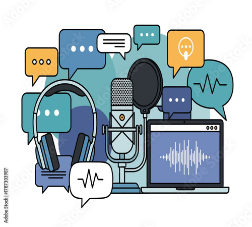 Illustration of podcast studio setup with microphone, headphones, laptop, and speech bubbles, , perfect for audio recording and broadcasting