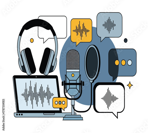 Illustration of podcast studio setup with microphone, headphones, laptop, and speech bubbles, , perfect for audio recording and broadcasting