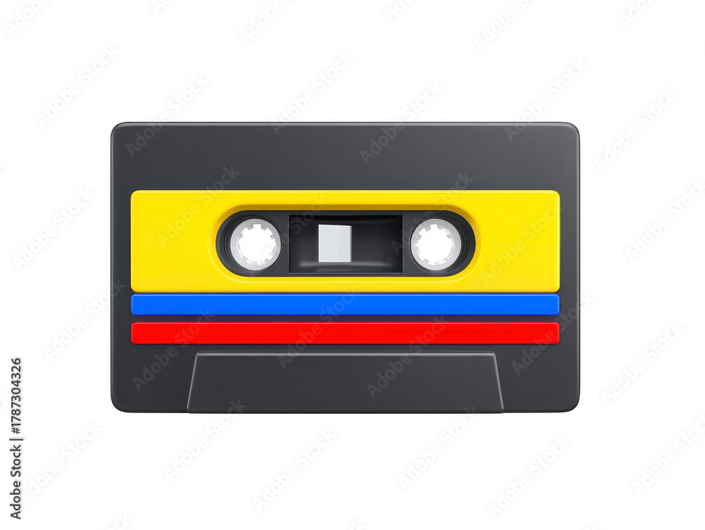 Obraz premium Audio cassette tape with yellow, blue, and red stripes, retro vintage style, isolated on transparency background, nostalgic and classic music media