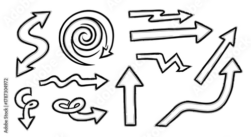 A diverse set of hand-drawn doodle style arrows. Vector illustration of various direction pointers and symbols for design elements