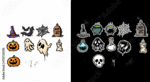 A spooky set of hand-drawn Halloween doodle icons featuring pumpkins, ghosts, and witch hats for holiday designs