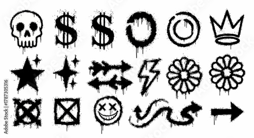 Vector set of graffiti spray paint stencils. Urban street art elements with drip effects, featuring skulls, crowns, and abstract symbols