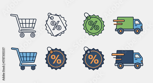 A modern vector collection of e-commerce symbols for online stores, including sale price tags, shopping trolleys, and delivery logistics icons