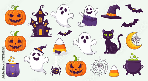 Whimsical assortment of Halloween clipart elements, including pumpkins, a haunted mansion, bats, spiders, and cauldrons for holiday celebration