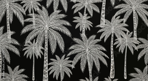 Elegant seamless pattern of hand-drawn white palm trees on a black background, a sophisticated monochrome tropical illustration for textile design