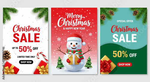 Set of three festive Christmas sale banners with a cheerful snowman, gift boxes, and holiday decorations for seasonal promotions