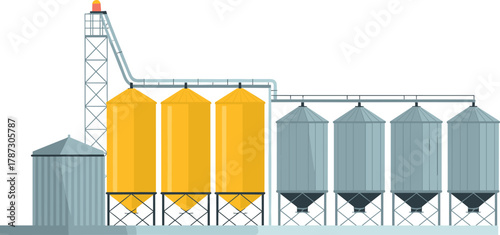 industrial grain silo illustration, agricultural storage facility, grain processing plant design, modern farming warehouse, agriculture industry storage tanks vector