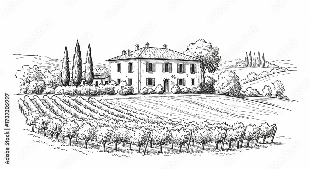 Fototapeta premium Rural Italian landscape with a winery, vineyard, and cypress trees in a classic hand-drawn sketch style