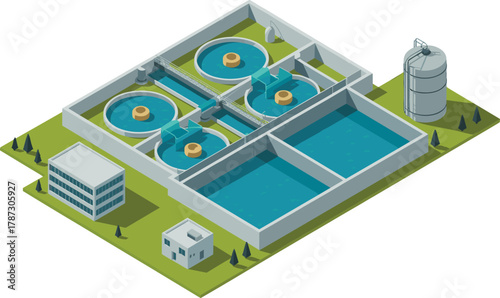 Isometric 3D illustration of modern wastewater treatment plant facility with filtration tanks, sedimentation pools, and storage tower on green landscape
