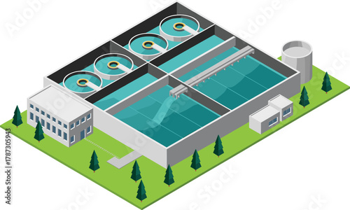 Isometric 3D illustration of modern wastewater treatment plant facility with filtration tanks, sedimentation pools, and storage tower on green landscape
