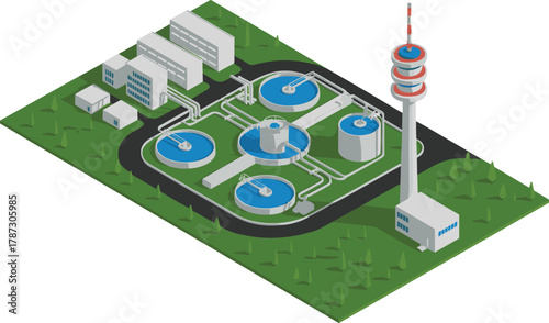 Isometric 3D illustration of modern wastewater treatment plant with storage tanks, filtration systems, buildings, and communication tower on green area