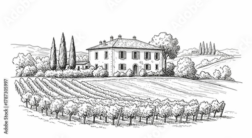 Rural Italian landscape with a winery, vineyard, and cypress trees in a classic hand-drawn sketch style