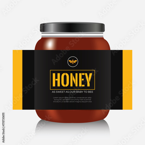 Modern Honey Jar Label Design with Bee Logo and Black Yellow Theme vector 